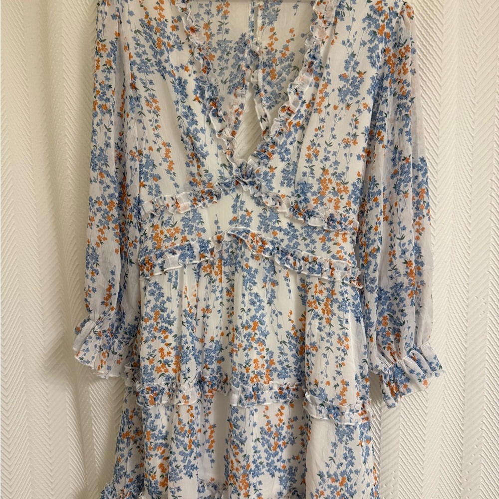 Floral Ruffle Long Sleeve Dress - Blue & Orange